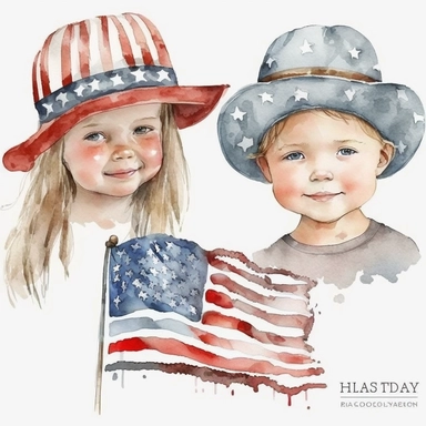 kids in hats, american flag watercolor clipart design, clear outline, white background