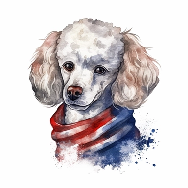 watercolor clipart illustration of a poodle wearing a bandana, red white and blue, hand painted details, clean and simple designs, solid background color, spaced out