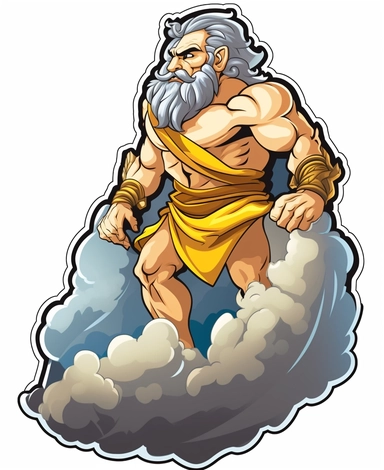 Sticker Clip Art of Zeus standing on Mount Olympus, children friendly, King of the Gods, clouds and lightning behind him, King of Mount Olymp, illustrated in a playful style with a friendly expression, perfect for any special occasion, cut out in the shape of Zeus on a Mountain, Muscular, with no visible background, giving it the appearance of a sticker, conveying a mystical and whimsical mood, edited with Adobe Photoshop to adjust brightness and contrast, rendered as a transparent PNG file with