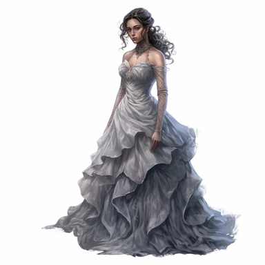 A haunting portrait of a Victorian specter in a somber gray gown, featuring intricate ruffles and ethereal lace. Against a pristine white background, her entire figure is showcased, evoking a sense of ghostly elegance. Clipart, watercolor, white background, intricate detail, hyper-realistic, unreal engine cinematic smooth,