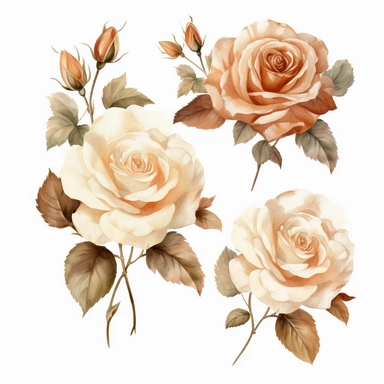 Brown to cream roses in the style of Rachel Ann Austin, Watercolor texture, Roses, clipart set, white background, 8K, I can't believe how beautiful this is,