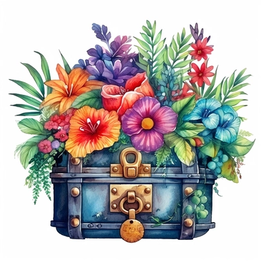 clipart, isolated on white background, Watercolor spring metal treasure chest with key with jewelry, detailed, beach, flowers and plants, ornated, vivid and vibrant and saturated colors