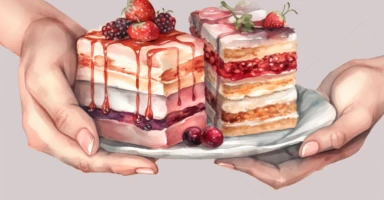 water color clipart a person holding up layered cakes on a white plate, in the style of light red and dark beige, intense close-ups, princesscore, rectangular fields, ruan jia, i can't believe how beautiful this is, accurate and detailed