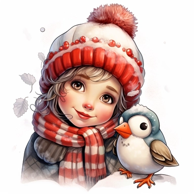 a happy little cute girl in a five-year-old, snowman, bullfinch, winter, style by Lusy Fleming, folk art, watercolor, clipart elements, smooth gradients, black contour outline, ultra detailed, white background, super clear, high quality
