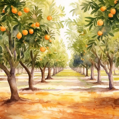 Citrus Grove: Create a watercolor clipart of an expansive orange grove, capturing the rows of trees and the play of light and shadow. Incorporate warm earthy tones and a sense of depth to bring the scene to life.