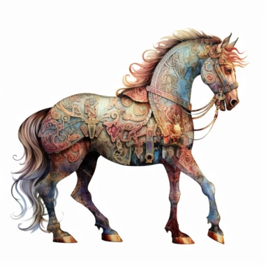 A female horse in the style of James Christensen, clipart, watercolor style, fantasy, ultra detailed, white plain background, single object, print on demand image, PNG transparent background, white background for removing background - - no text shadow font watermark, 8k