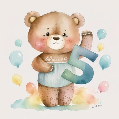 watercolor cute bears holding number 5 clipart