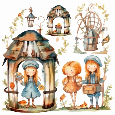 Watercolor hansel and gretel in cage , illustrations clipart set, simple , cartoon elements, fairy tale theme and elements, different characters, palace , different variants , , separate elements with a margin