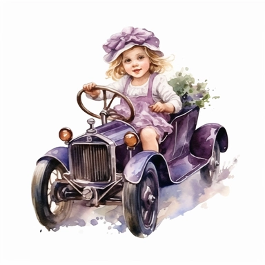 Watercolor Victorian baby girl in driving a violet ford t car from the era clipart , on a white background, Illustration clipart, 4K, extremely detailed