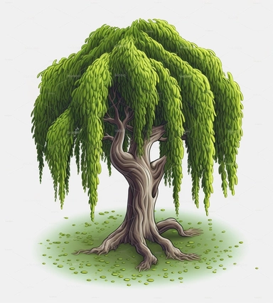 Isometric Sticker Clip Art of Willow Tree, children friendly, illustrated in a playful and realistic style, perfect for any special occasion, cut out in the shape of a WeepingWillow Tree, with no visible background, giving it the appearance of a sticker, conveying a mystical and whimsical mood, edited with Adobe Photoshop to adjust brightness and contrast, rendered as a transparent PNG file with a high resolution to ensure a crisp and clear image with no pixelation, suitable for various applicat