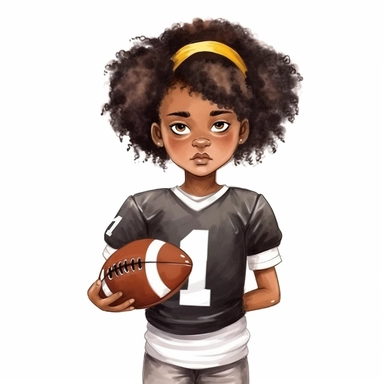 Cool cute black kid football, cool football clothes, female black girl, watercolor style, clipart solid white background