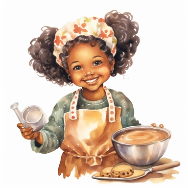 vintage adorable little black girl dressed as chief making cookies, clipart style, watercolor technique, super high quality, professional watercolor clipart, high resolution