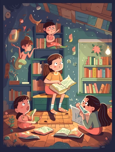Generate a cover image featuring a young librarian reading a book to a group of children in a cozy library. Use clipart-style graphics to create a playful and imaginative scene