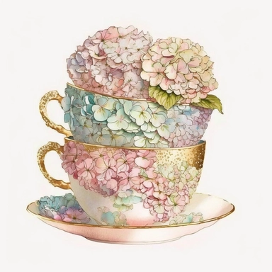 3 stacked vintage teacup, pink pastel Hydrangeas inside, glitter around, white, gold, glitter, fantasy, realistic illustration, watercolor, by Dinara Mirtalipova, by Disney, by rifle paper co, bright and airy Colors, concept art, white background, clipart
