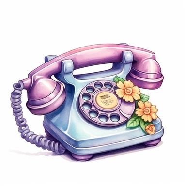 pastel floral retro telephone Clipart, watercolor cartoon, hyper realistic, intricate detail, illustration style, high resolution, on the white background