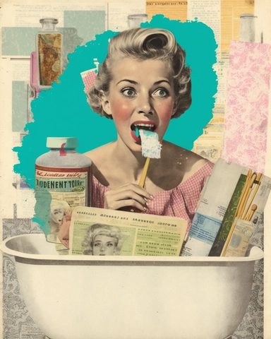 woman from the 1950s, tired woman, brushing teeth, mixed media, sitting on bathtub, bathroom, toothpaste, bathtub, brushing teeth, collage, arts and crafts, mixed media, magaine style, retro, vintage, surreal, newspaper clippings, layered collage, scrapbooking, 8k, collage, scrapbook, photography