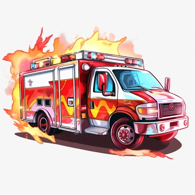 clipart, red and white type 3 ambulance, red lights, flames, transparent background