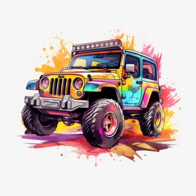 colorful, cartoon style jeep wrangler, clipart, white background