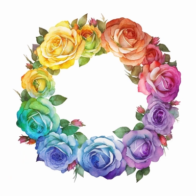 rainbow roses halo, watercolor, floral, clipart, white background, no text