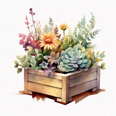 Clipart, a watercolor painting of a wooden flower box filled with beautiful flowers and plants, in the style of yanjun cheng, colorful animations, rough clusters, clean and simple designs, leica cl, warm color palettes, colorful washes, white background