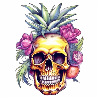 watercolor pineapple skull with flowers and other things on it, in the style of tropical symbolism, kawaiipunk, strong use of color, wrapped, dimensional illusion, pseudo-realistic, clowncore Clipart desert cartoon t-shirt graphic, vector,contour, isolated on a white background