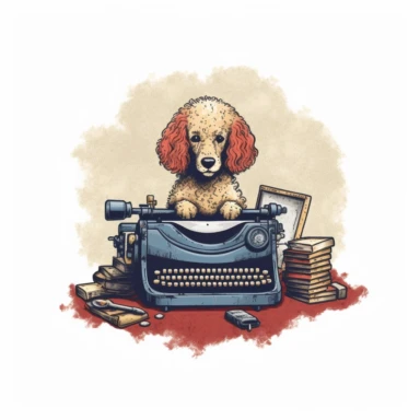 simple clipart of poodle typing on an old typewriter, make the image so it is oval, like an icon type image, with the words nearby snipoodle in big letters