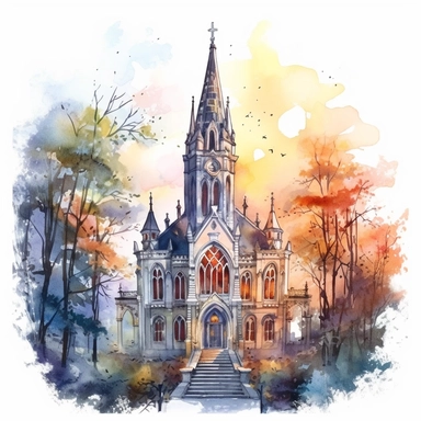 design a watercolor clipart of a gothic house with trees and statues