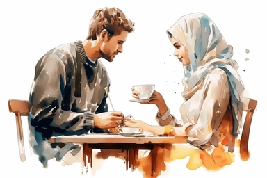 watercolor illustration of Saudi girl and a young man drink coffee in a cafe clipart white background, HDR, 8k
