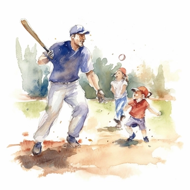 dad playing baseball with the kids in the backyard, clip art, watercolor style--q2--v5.1--s1000