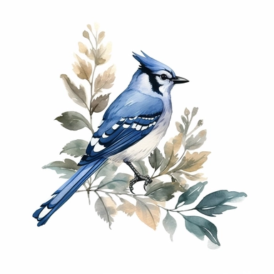 Minimalistic foliage clipart, blue jay,single design, watercolor, vector