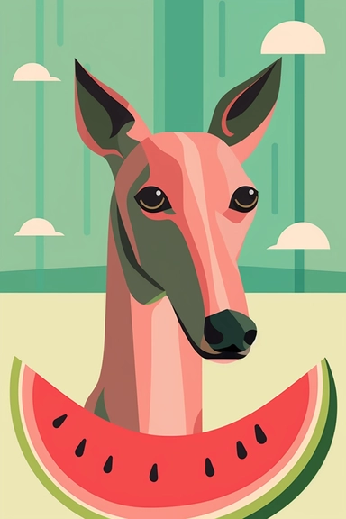 minimalism retro poster design, cvg clipart, a greyhound with a chewed up piece of watermelon in his mouth while smiling, in the style of whimsical imagery, tondo, pink and green, soggy, heatwave