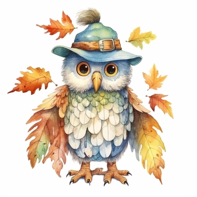 a Cute Happy Owl in the style of Watercolor Kate Greenaway Clipart, White Background