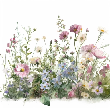 a simple gorgeous elegant flower border arrangement lining up with wildflowers and flowers, and green foliage on white background clipart, Soft and whimsical pastel shades like baby pink, mint green, and pale blue color theme, watercolor painting, oil painted, high quality, vibrant, Vicente Romero Redondo, Willem van Aelst, Elsa Beskow