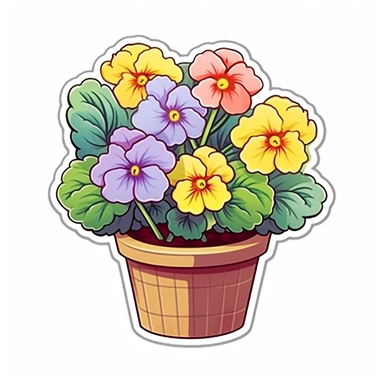 Isometric Sticker Clip Art of Primroses, Primula Flower, in flower Pot, children friendly, illustrated in a realistic style, perfect for any special occasion, cut out in the shape of Primroses, with no visible background, giving it the appearance of a sticker, conveying a mystical and whimsical mood, edited with Adobe Photoshop to adjust brightness and contrast, rendered as a transparent PNG file with a high resolution to ensure a crisp and clear image with no pixelation, suitable for various ap