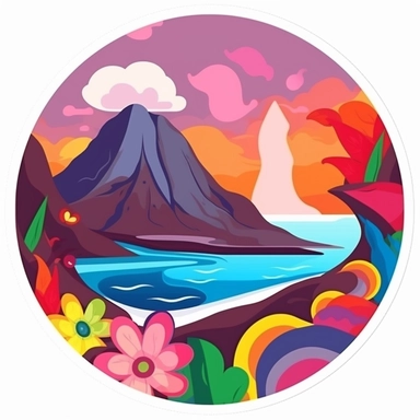 Sticker, clipart, bright colors, Brush painted volcano with tulip flower inside and coastline beneath ,contour, vector, white background, white outline, circle frame.