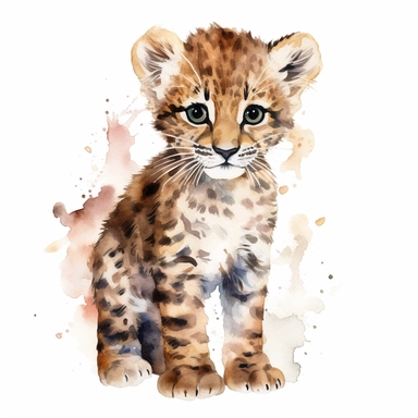 a sweet baby leopard with kind eyes clipart with watercolor illustration,full body shot,8k,etsy style, white background