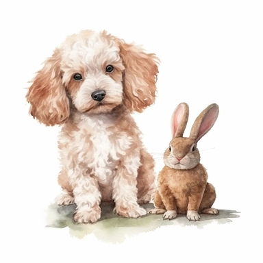 water color, realistic, cute poodle puppy next to bunny, isolated on white, clip art