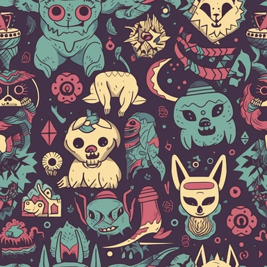 Comical Occult Creatures: Design a pattern that showcases the lighter side of satanic creatures and symbols using a humorous clipart style. Focus on capturing the amusing characteristics of characters like Baphomet wearing a party hat, a skateboarding demon, or a vampire sipping a cocktail. Employ a diverse range of colors, from dark, moody shades to vibrant, eye-catching hues, to create a visually captivating and entertaining composition.