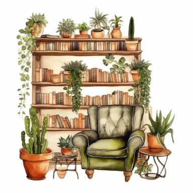 A boho style library corner with watercolor effect, boho furniture, details, boho colors, suitable for digital clipart, white background, boho style green plants, on the white background, hd