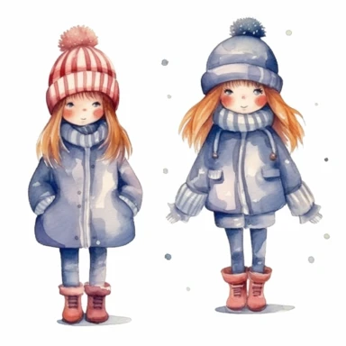 Set of watercolor cute little girl in winter clothes illustration for kids book, white backgroun, clipart, clean and crisp