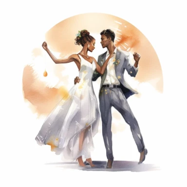 Slim Afro-Caribbean bride and athletic Chinese groom, dancing under the moonlight, elegant and enchanting, watercolor, Pixar style, Clipart on a white background.