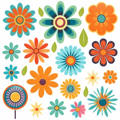 1970s retro vintage simple flower clipart, vector, white background