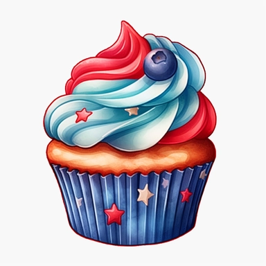 4th of July Patriotic Clip art of 4th of july patriotic cupcake, red, white & blue Full body realistic cartoon in 32K UHD cute, 8k with realistic watercolors and detailed illustrations. PNG clipart, Sublimation graphics, transparent white background for removing background - - no text shadow font watermark