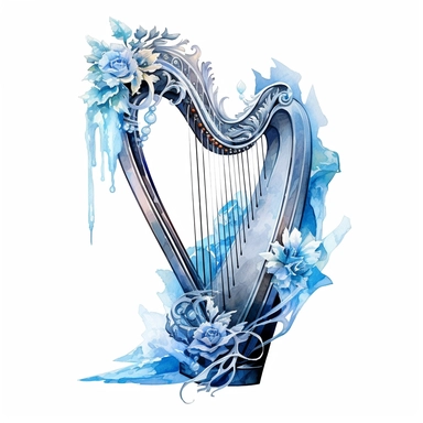 frozen harp, icy ornaments, Clipart Watercolor, fantasy style, White background, HD