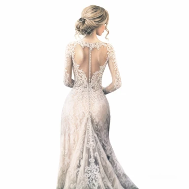 watercolor, hyper realistic, white background, white margins, 16k, ultra detailed clipart, cut out image, hand-drawn back view of a bride in a vintage-inspired gown with intricate buttons, lace trims, and a timeless silhouette, exuding old-world charm.