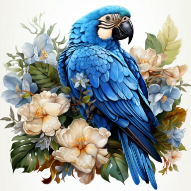 hyperrealistic ultra detailed watercolor clipart, blue parrot with jungle flowers, white background, in the style of digital print, clipart, illustration, sticker, ultra high definition, rich details, 32K, HD