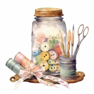 Victorian sewing buttons scissors needles pins measuring tape thread rolls with realistic forms delicately placed in a floral mason jar clipart, soft pastel colors, in the style of realistic watercolors, feminine sensibilities, detailed illustrations, made of all of the above, in style of Willem Haenraets, clean background, white background, on a white background, transparent background
