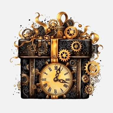 Steampunk Birthday Gift Box Clipart, black and gold colors, Steampunk, watercolor, sweet, happy, high resolution, transparent white background no captions