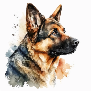 a watercolor art painting of a German Shepherd, clipart, white background