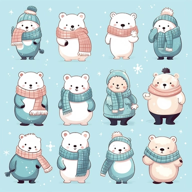 Charming polar bear clipart in the style of hikari shimoda, showcasing these adorable arctic animals in various playful poses and expressions, adorned with winter accessories